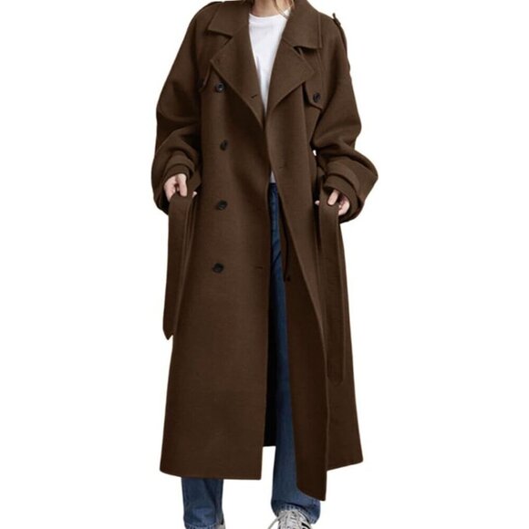 Jackets & Blazers - Women's Winter Double Breasted Wool Coat Long Sleeve Notch Lapel Midi Long Winte